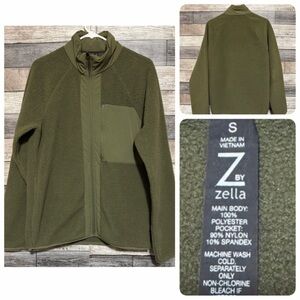 Zella High Pile Full Zip Fleece Jacket Size Small Olive Green Pockets Casual